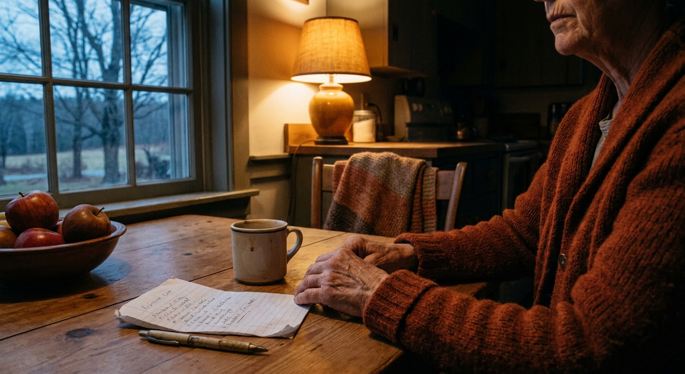 A woman's hands rest on a wooden kitchen table beside a cooling mug of tea and a handwritten note, lit by warm lamplight as dusk falls over a rural New Hampshire window.