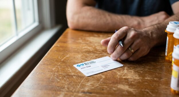 ai-featured-1a02243e-9852-4db0-b8ee-54682060180d-18 Blue Cross Blue Shield insurance card on kitchen table with hand and pen, representing family preparing to verify detox coverage in New Hampshire