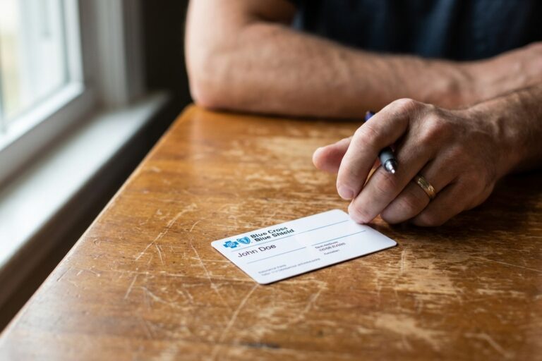 Blue Cross Blue Shield insurance card on kitchen table with hand and pen, representing family preparing to verify detox coverage in New Hampshire