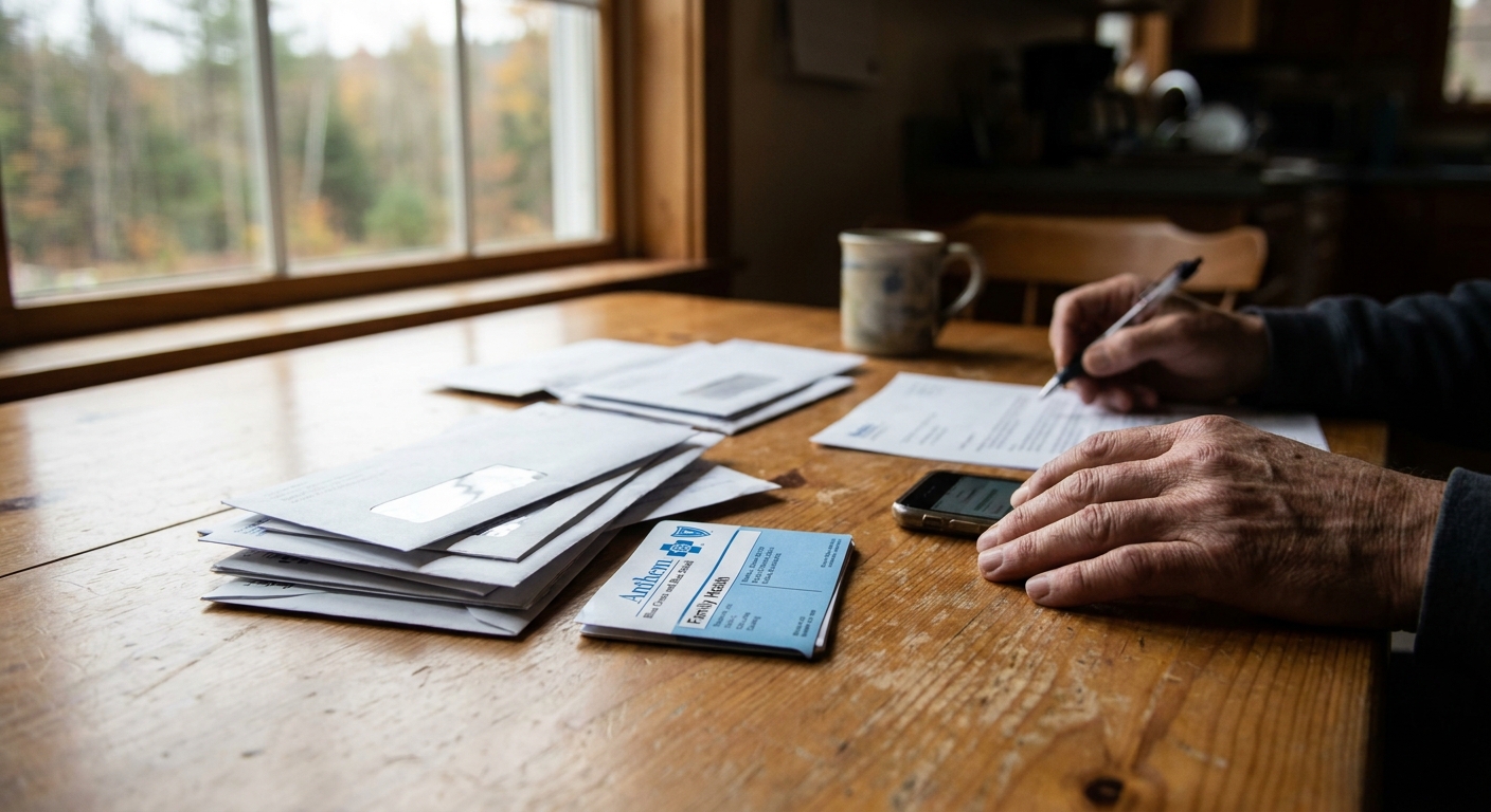 Hands at kitchen table reviewing insurance documents and bills with natural window light in New Hampshire home