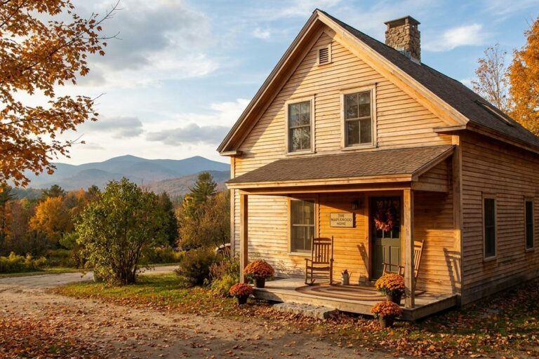 Residential detox facility exterior in Bethlehem, New Hampshire with mountain views and autumn foliage