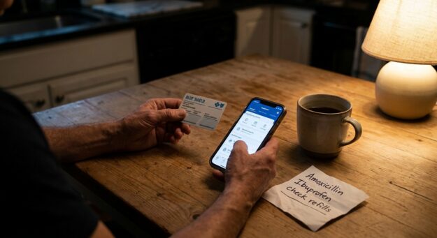 ai-featured-cfefc585-ab6f-49db-83a1-db52226b778d-18 Parent's hands holding insurance card and phone on kitchen table while researching detox treatment options