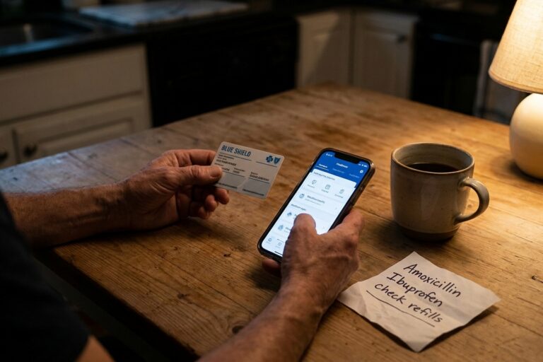 Parent's hands holding insurance card and phone on kitchen table while researching detox treatment options