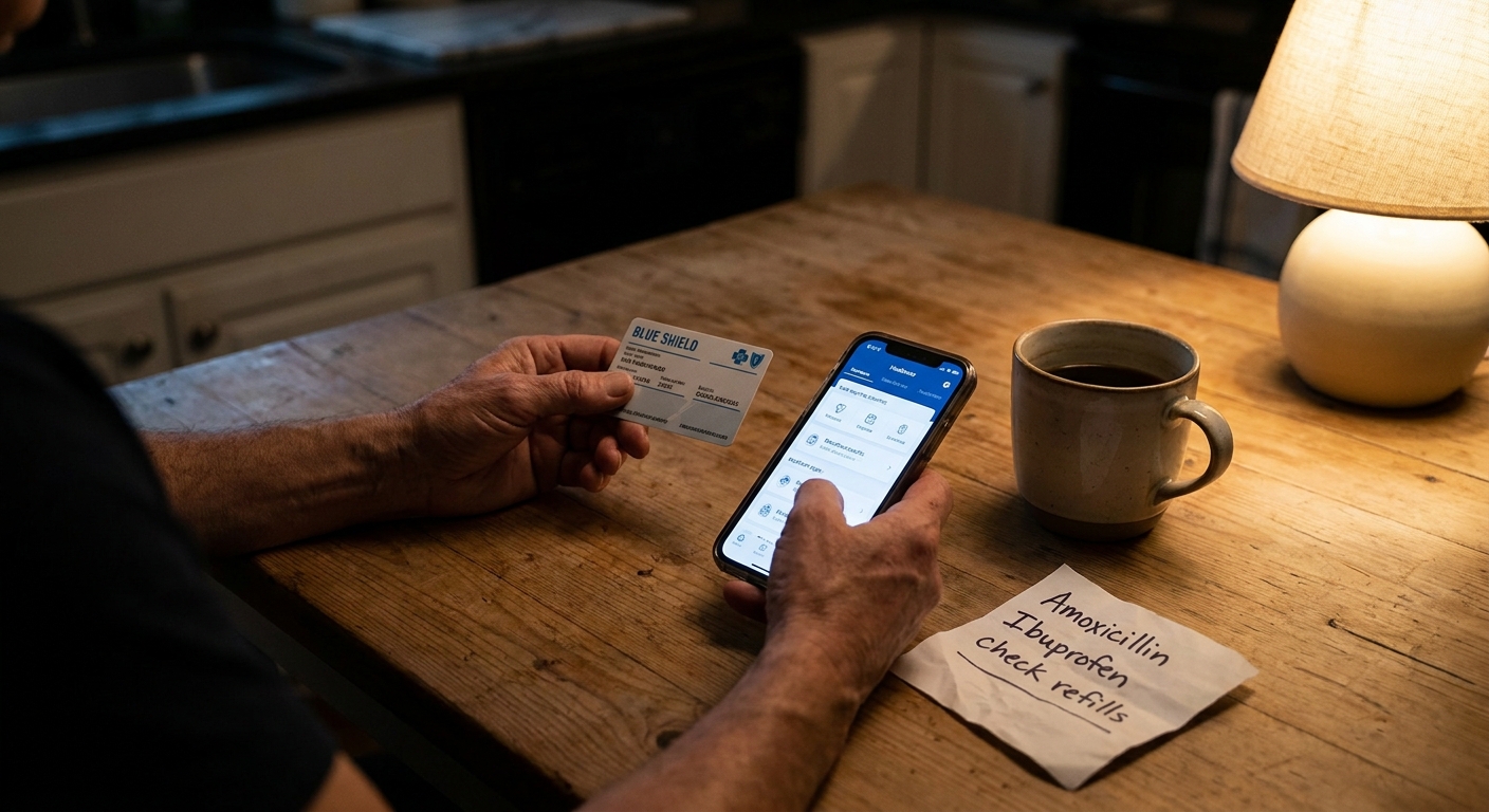 Parent's hands holding insurance card and phone on kitchen table while researching detox treatment options